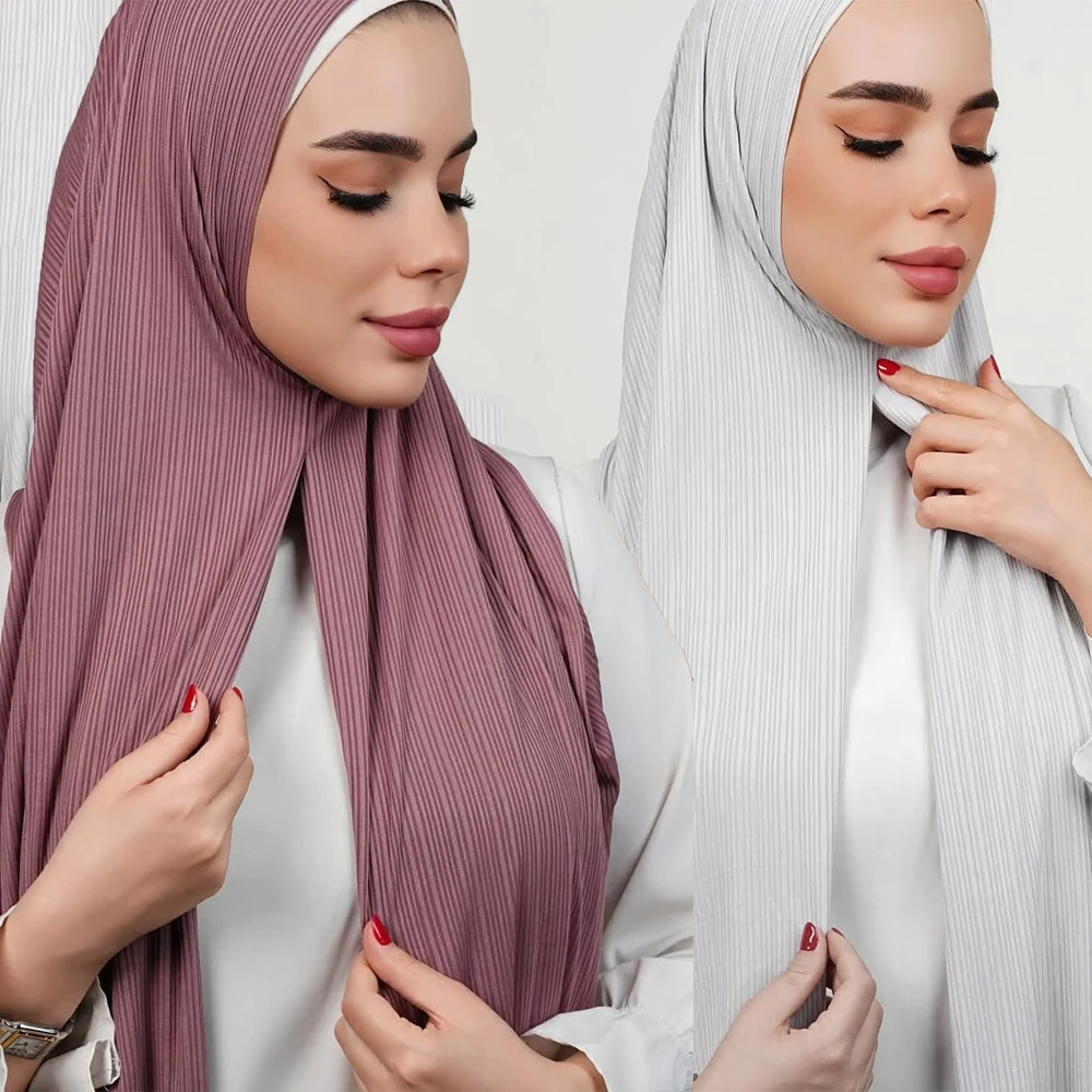 Ribbed Jersey Instant Hijab Good Stitch Stretchy Jersey Scarf Plain Crinkled Wraps Plain Muslim Turban Headband Shawls