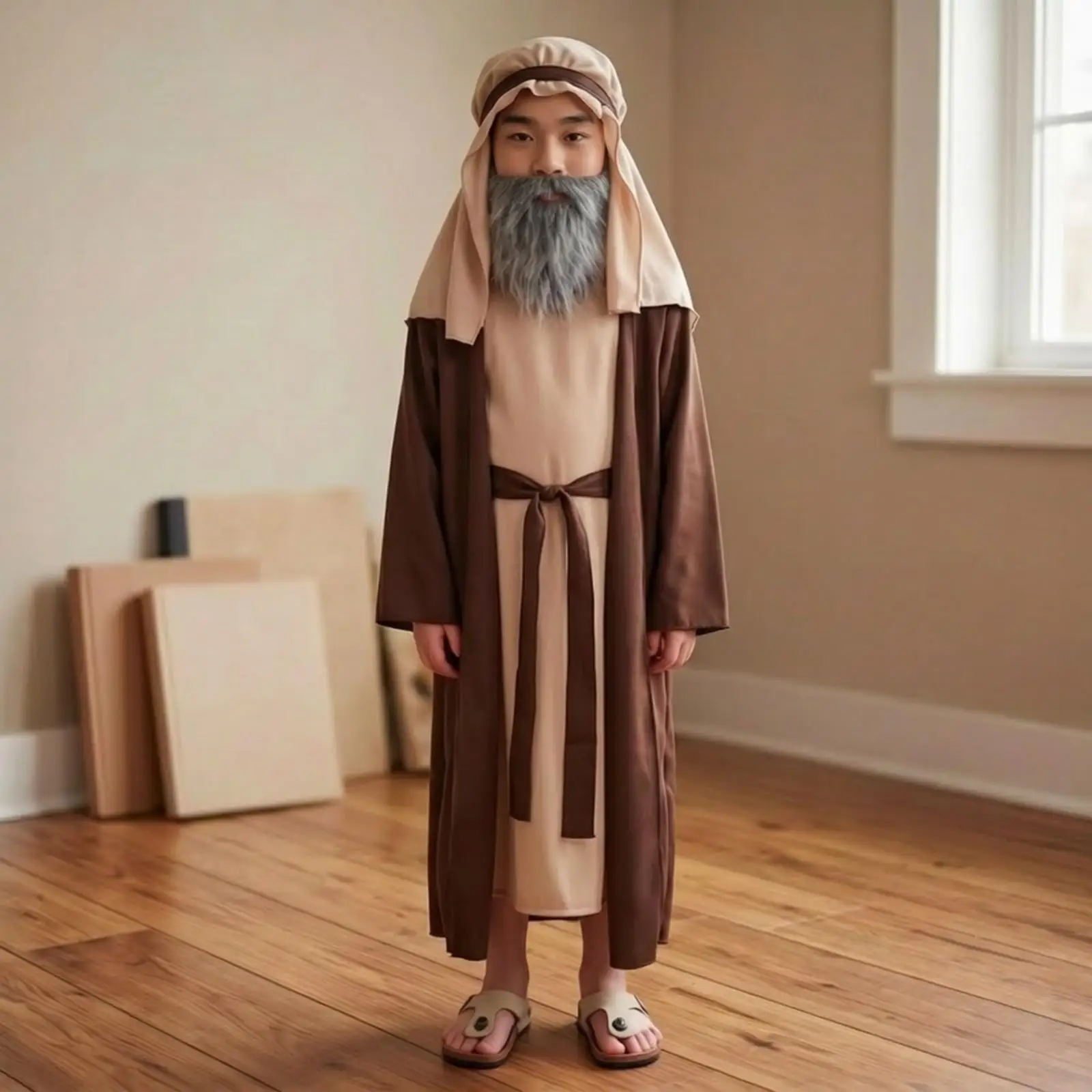 Adult Sized Men Costume Brown Beige Robe with Beard for Nativity Display Church Event or Costume Party