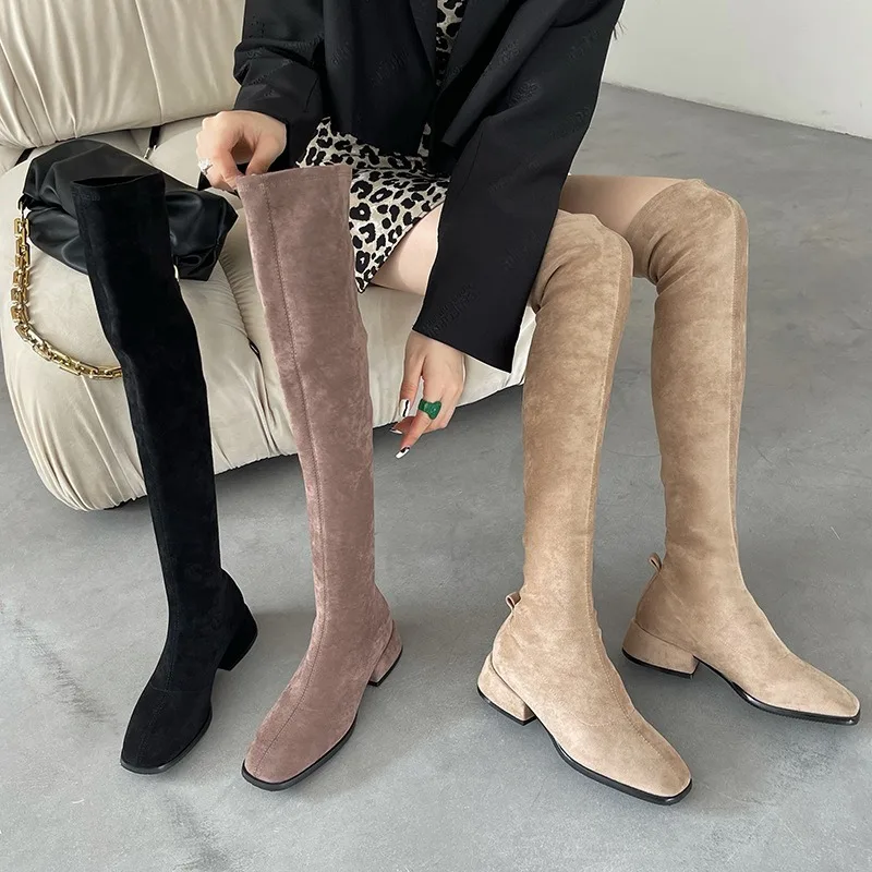 Mature Women's Boots Over The Knee Flock 2023 Autumn/Winter New Simple Mature Square Head Modern Boots Square Heel Women Shoes