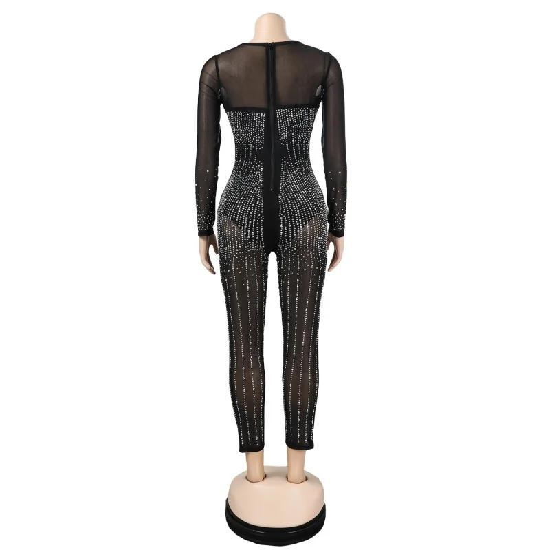 Sexy See Through Diamonds Hot Rhinestones Jumpsuit Spring Clothes Women O-Neck Long Rompers Playsuits One Pieces Overalls Outfit