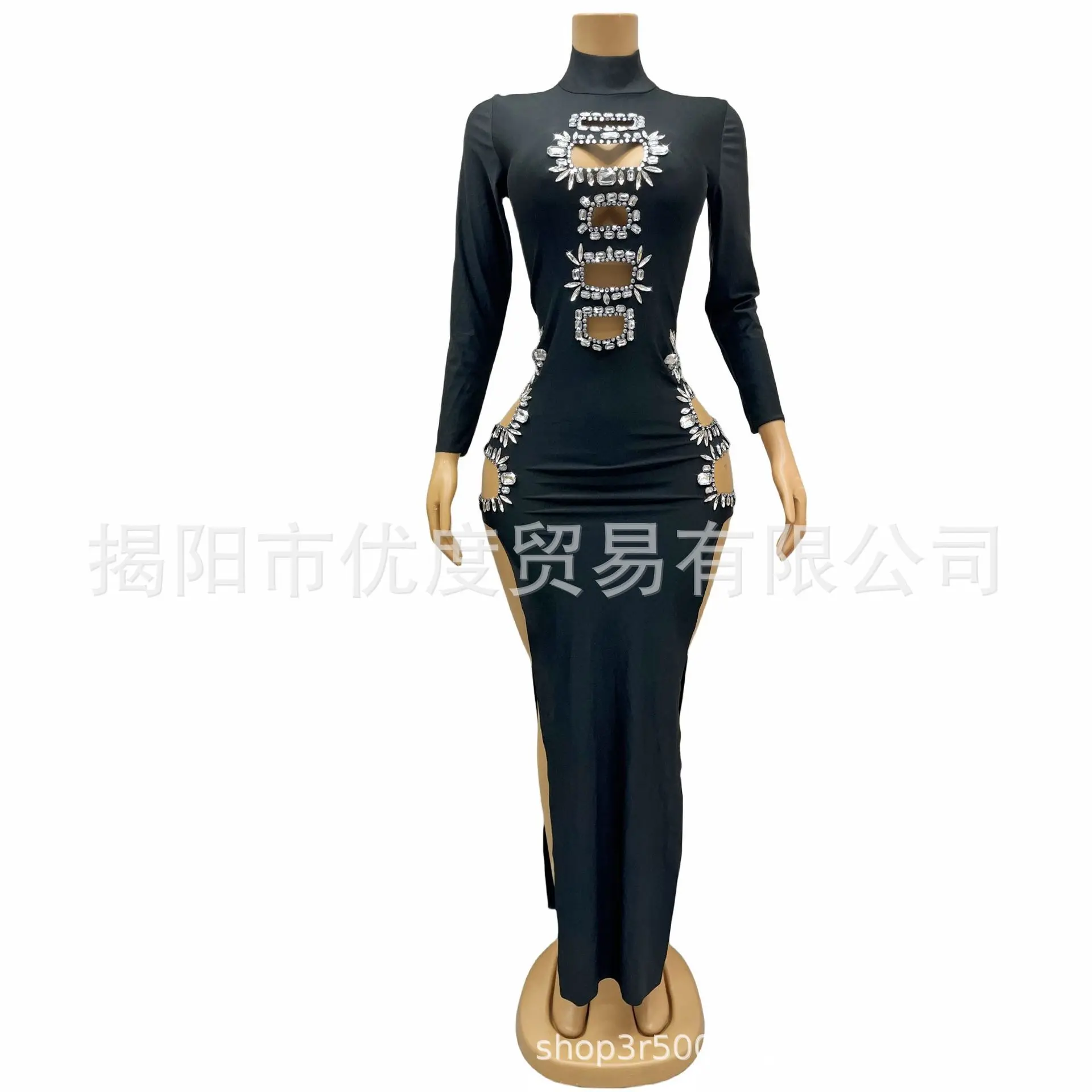 Vestido largo de noche para fiesta de cóctel con diseño glamuroso, doble abertura, abertura con orificio, pedrería brillante y escote cuadrado, ideal para actuaciones.