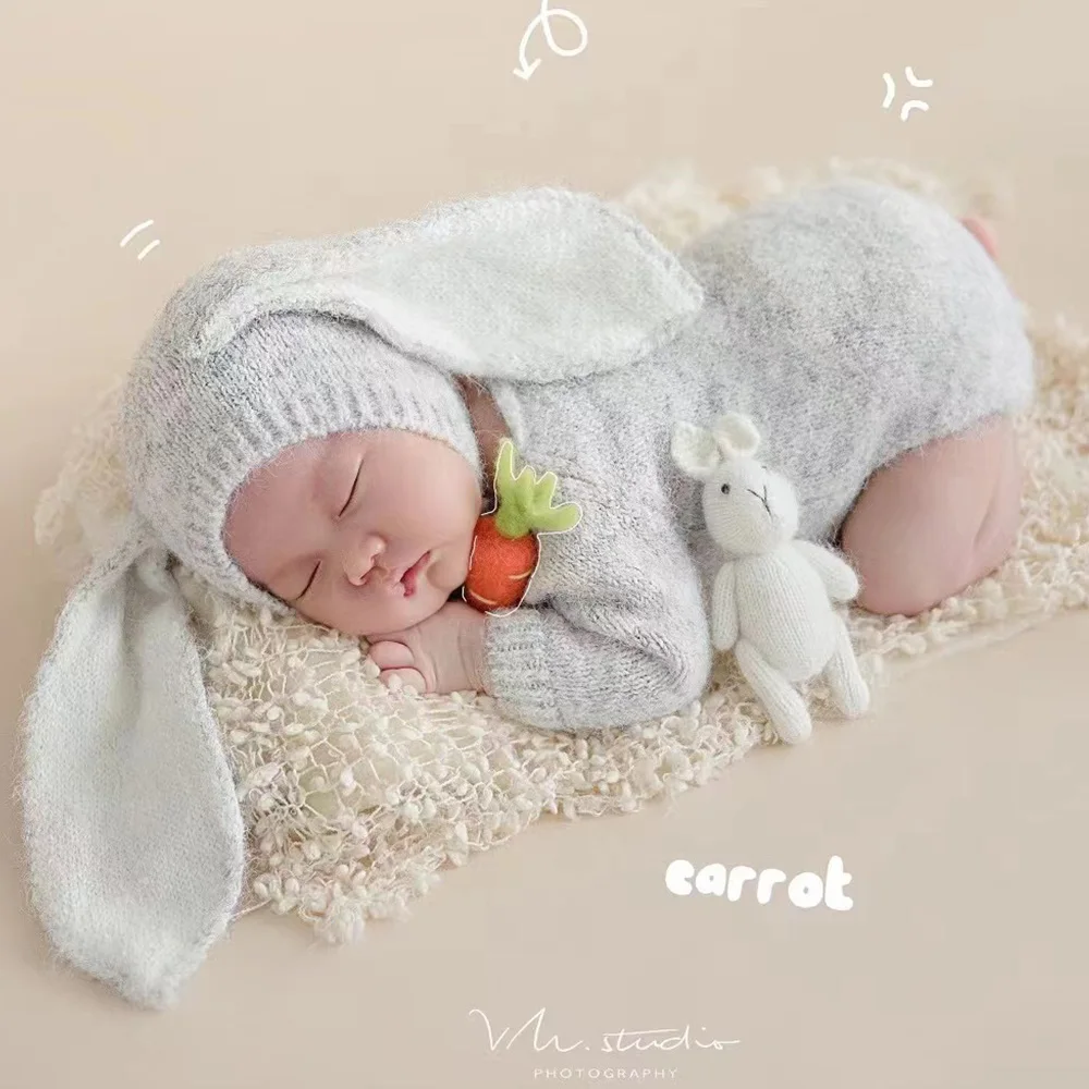 Full Moon Newborn Baby  Photography Outfit Grey Knitted Jumpsuit Long Ears Rabbit Hat Stuffed Bunny Doll Studio Photoshoot Props