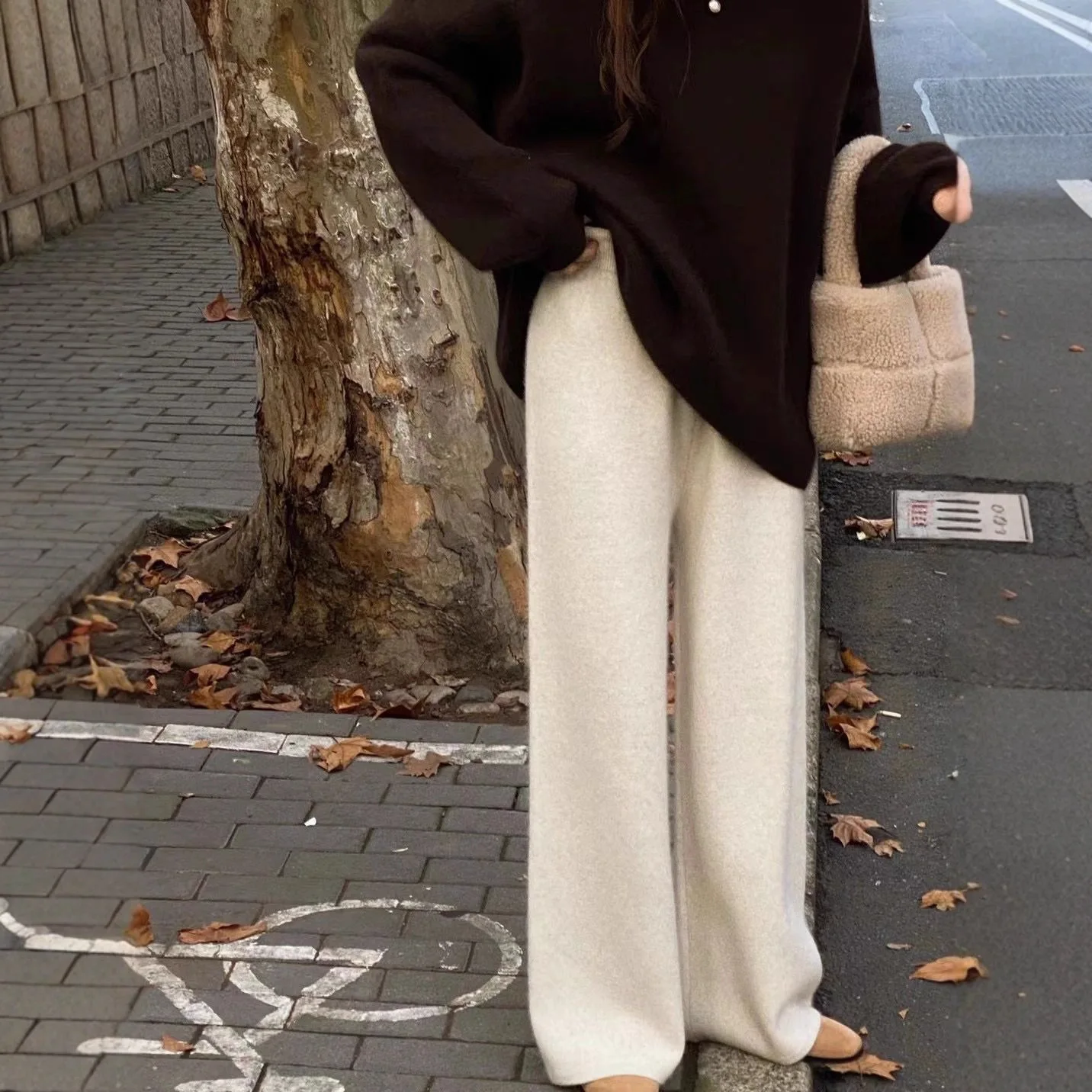 Autumn Winter Fashionable Knitted Thick Wide Leg Pants Straight Cut Floor Length Drapey Casual Pants for Pear Shaped Body
