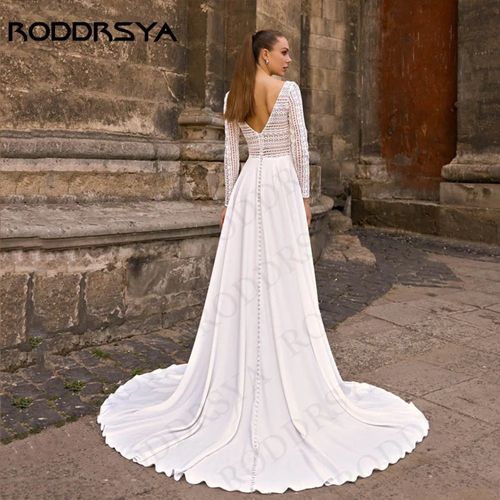 RODDRSYA gaun pengantin lengan panjang Bohemian gaun pengantin Satin elastis A Line gaun pengantin elegan punggung terbuka Sweep Vestido De Novia