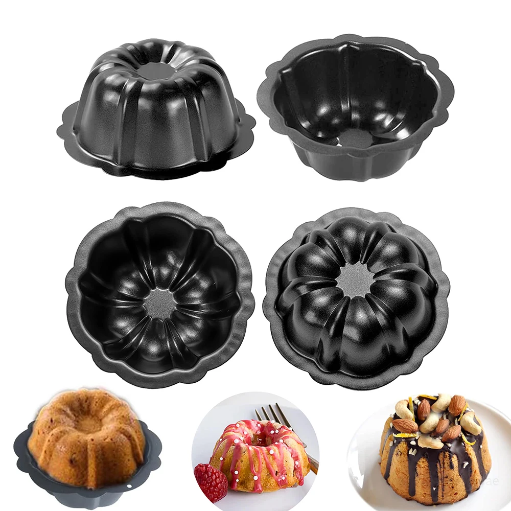 4Pcs 4Inch Fluted Mini Cake Pan Nonstick Fluted Cake Pan Carbon Steel Tube Pan Brownie Cupcake Pudding Muffin Mold Baking Tools