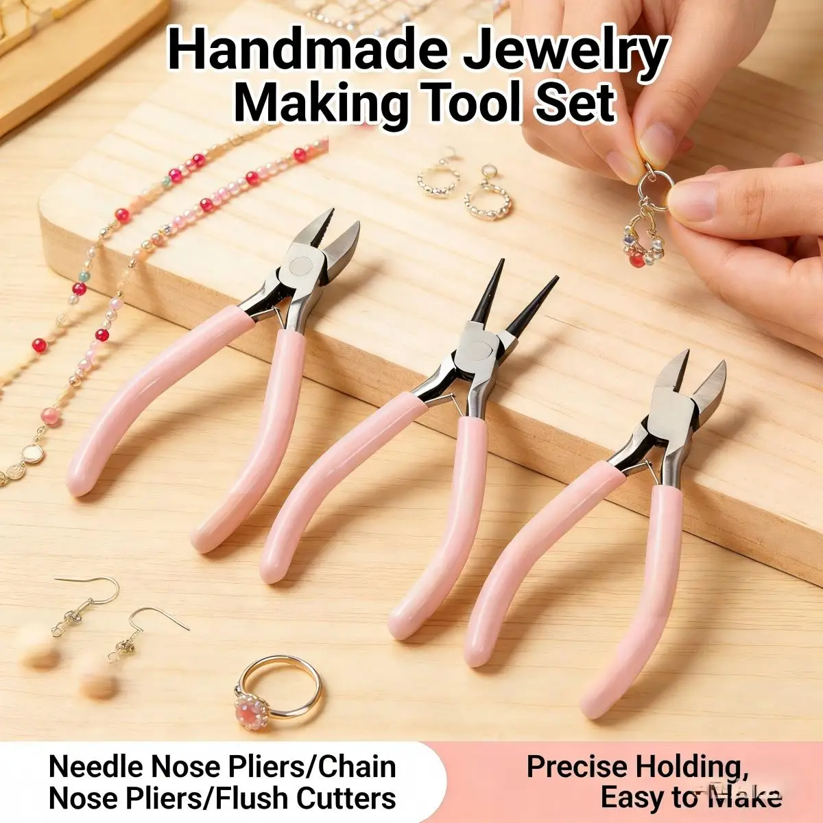 3Pcs Pink Jewelry Pliers Set - Needle Nose, Round Nose & Diagonal Cutters for Jewelry Making, DIY Craft, Beading & Repair Tools