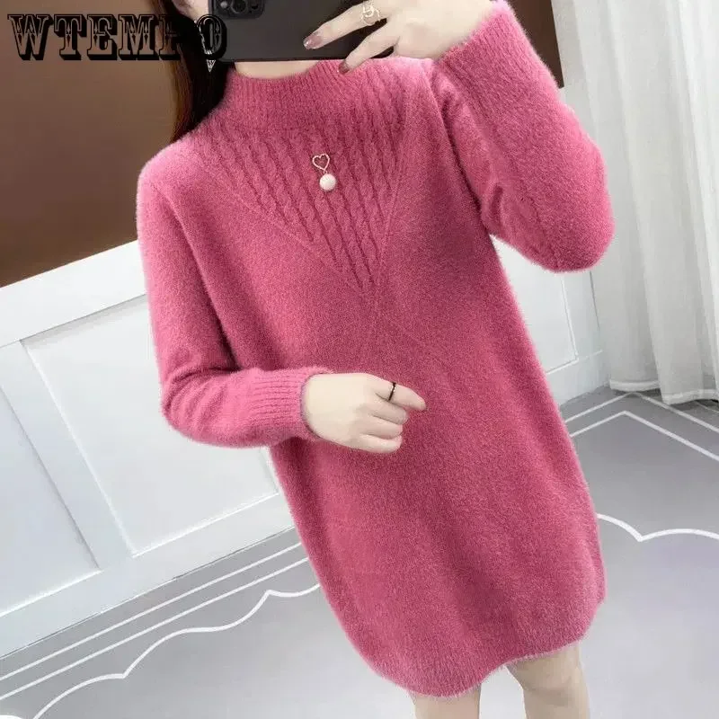 

WTEMPO Midi Mink Sweater Women's Mock Neck Loose Knit Pullover Wool Jumper Dress Autumn and Winter Elegant Warm Bottoming Tops