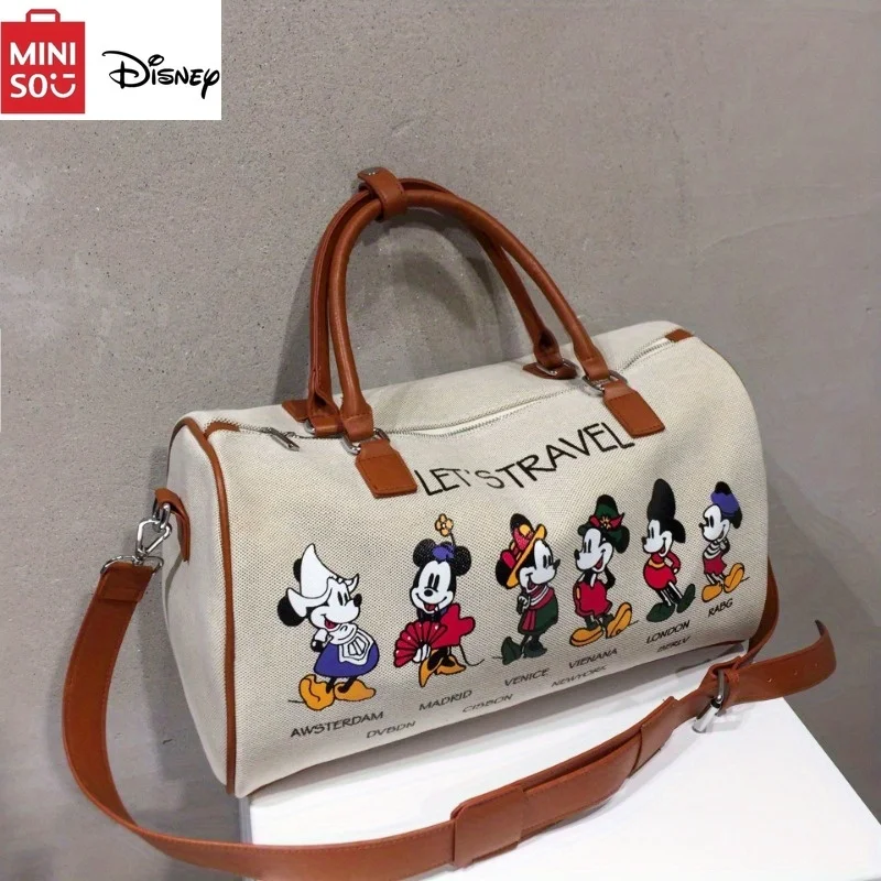 MINISO Disney Mickey Mouse Canvas Tote Bag Large Capacity Travel with Shoulder Strap Cartoon Short Travel Bag Handbag for Women