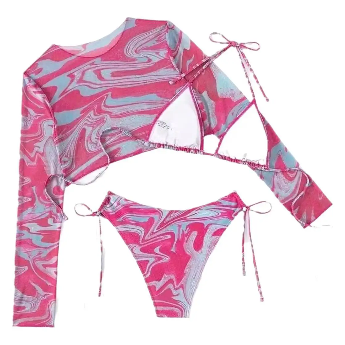 2025 New In 3 Piece Swimsuit Skinny Round Neck Long Sleeve Crop Tops Sexy Bandage Halter Bra Bikinis With Panties Womens Clothes