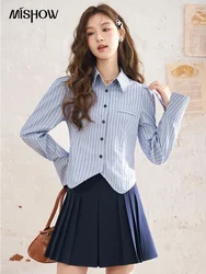 MISHOW Women's Irregular Striped Shirt 2024 Spring Flared Sleeve Single Breasted Preppy Style Polo Neck Casual Shirts MXD12C0152