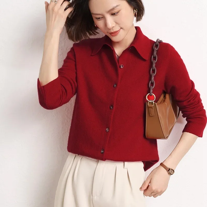 2026 Polo Collar Knitted Cardigan Long Sleeve Button Down Sweater Loose Fit Autumn Winter Casual Solid Color Soft Outerwear Top