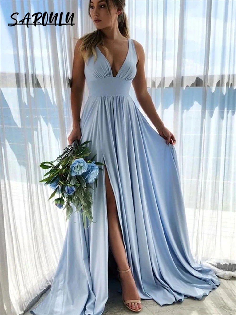 

Dusty Blue Chiffon A Line Wedding Party Dress Tank Sleeve Bridesmaid Dresses Deep V Neck Long Evening Gown Custom Made