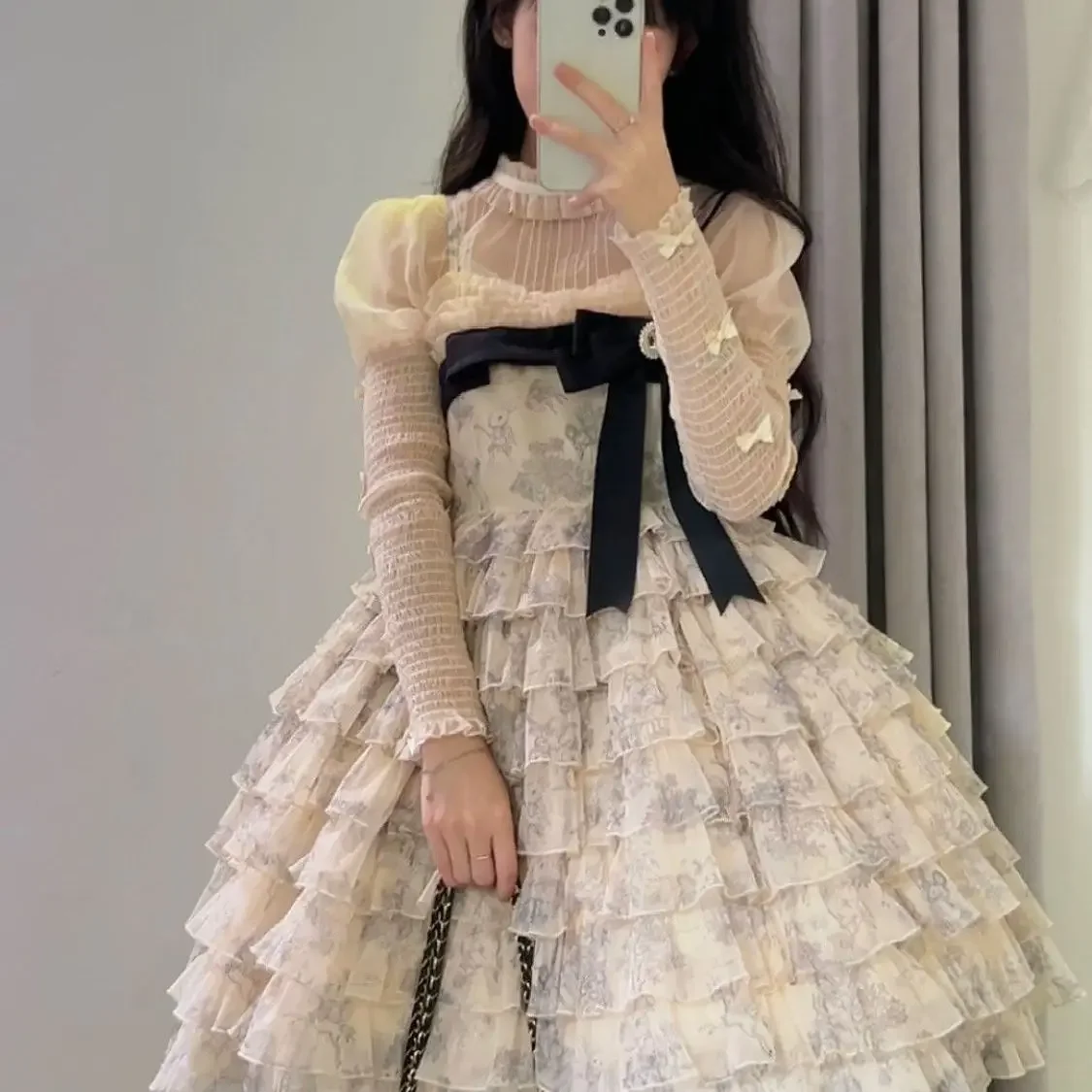 日本のかわいいロリータ Jsk ドレス女性甘い弓フリル花柄パーティーティアードケーキドレスヴィンテージプリンセスドレス