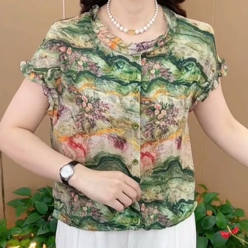 Slimming Floral Print T-Shirt with Wood Grain Ruffle Short Sleeve Cover up Top for mid Age Women Vintage Style Casual Shirt