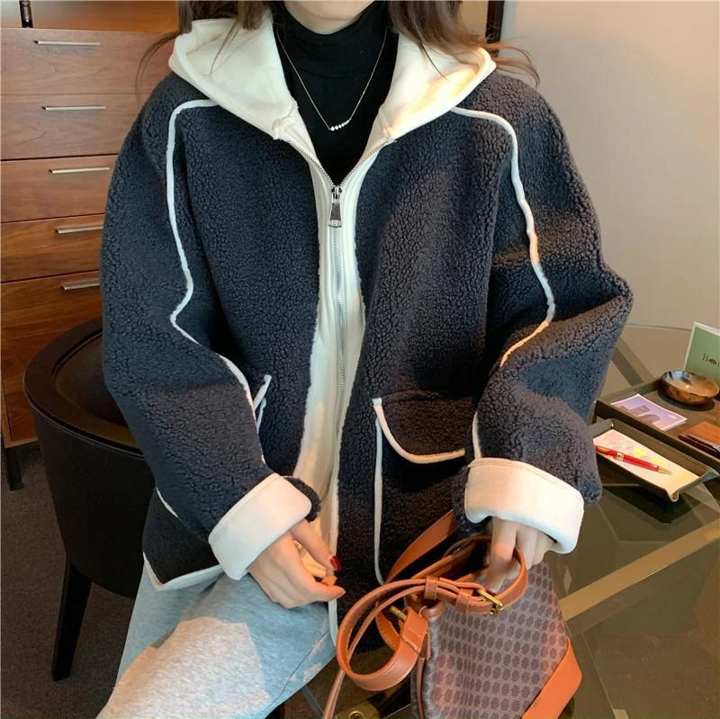 Gidyq Women Patchwork Lamb Wool Jackets Korean Fashion Streetwear Parka Coats Autumn Female All Match Thick Warm Outwear New