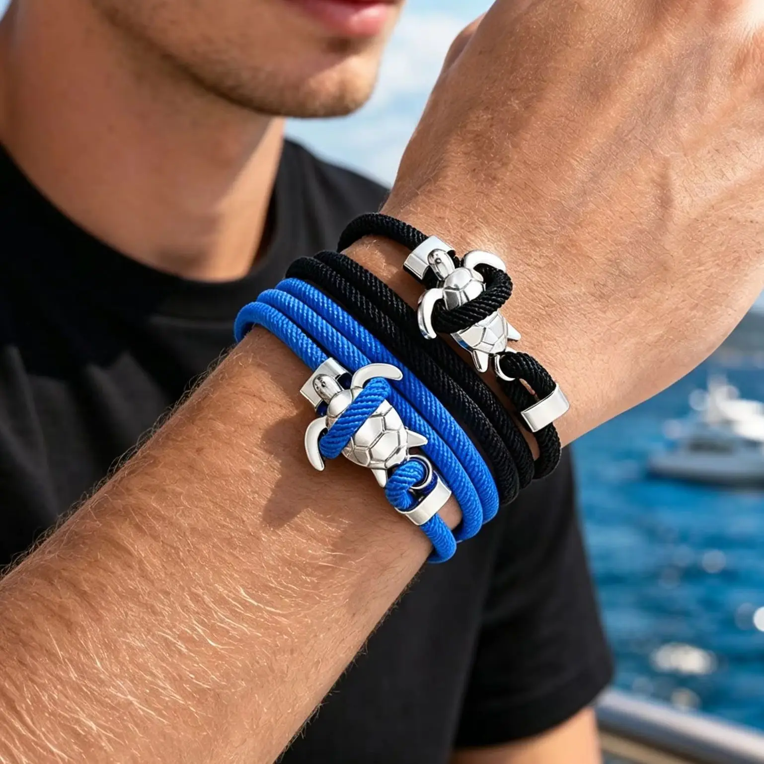 Men's Fashion Navy Style Sea Turtle Charm Bracelet, Adjustable 4mm Rope Chain Wristband Bracelets, Vintage Fashion Jewelry