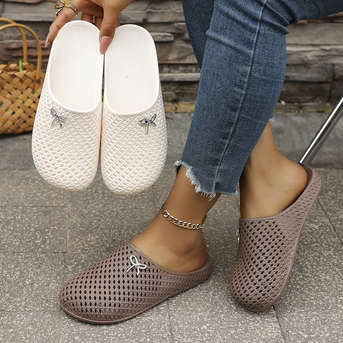 Sommer-Damen-Clogs mit Aushöhlungen, atmungsaktiv, Schleifendekoration, rutschfeste weiche Sohle, für Zuhause, Garten, Strand, Alltag, Freizeit, Wanderschuhe