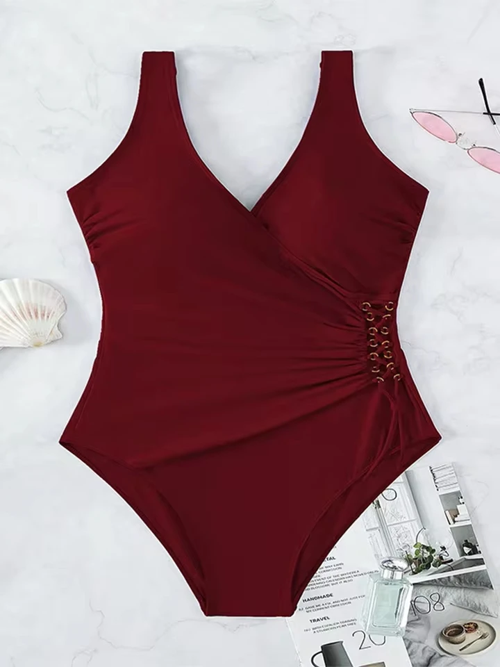 Vzvn Sexy Solid Drawstring One Piece Swimsuit Women Beach Vacation Bikinis 2026 New All Season Fashion Tight One Piece Swimsuit