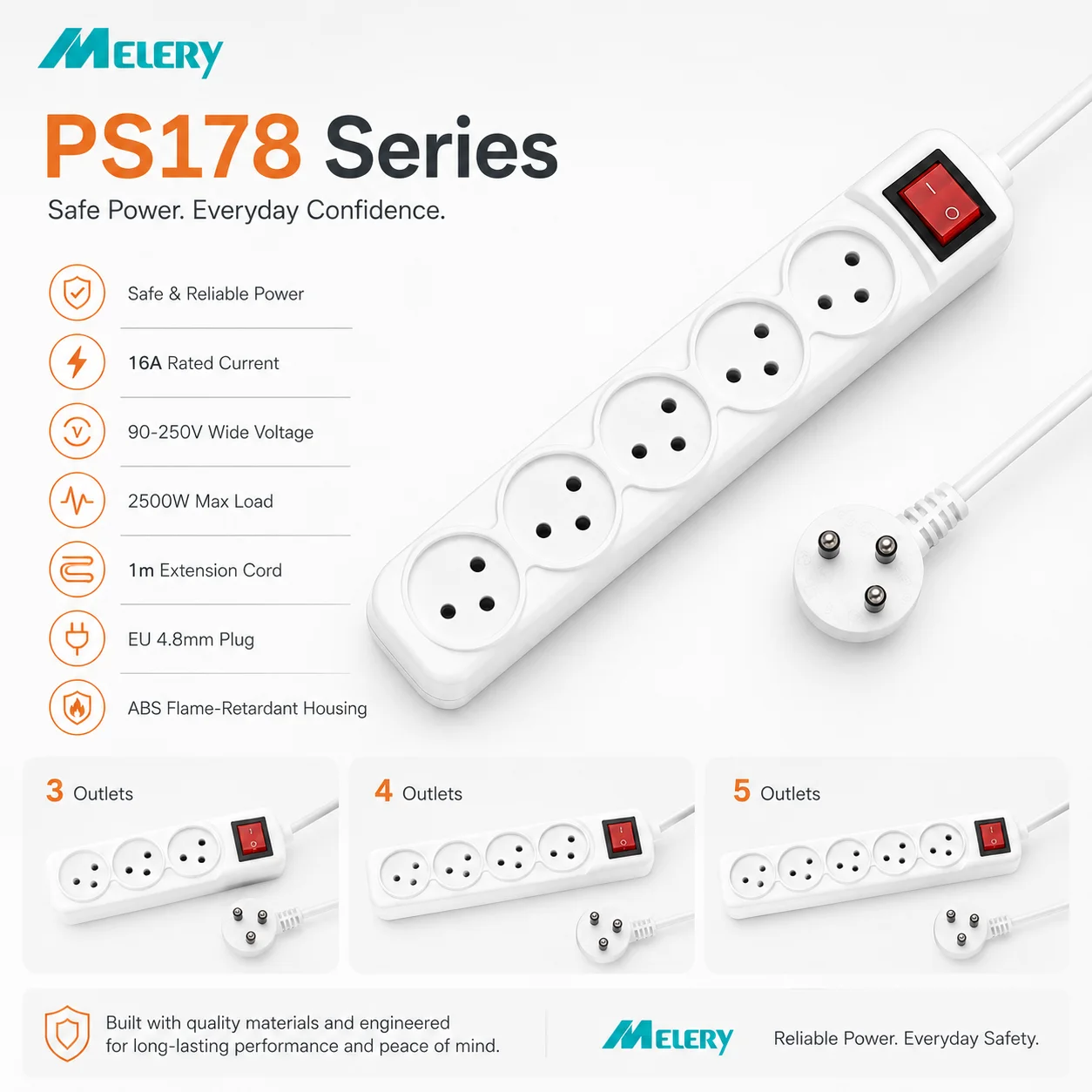 Melery Power Strip Israel Plug Outlets 3/4/5 Way AC Electric Sockets 16A Wire 1m Extension Cord Wall Mounted for Home Office