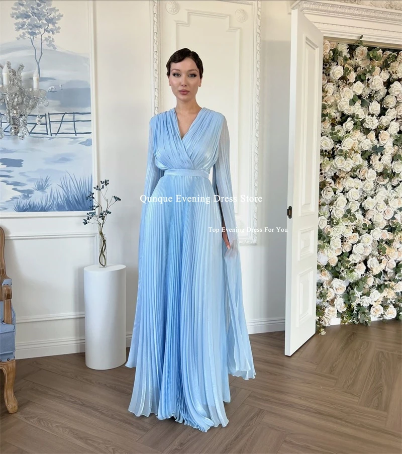 Qunque V-neck shawl Sleeves A Line Evening Dresses Luxury Whole Pleat Chiffon Party Dress For Women Sky Blue платье вечернее