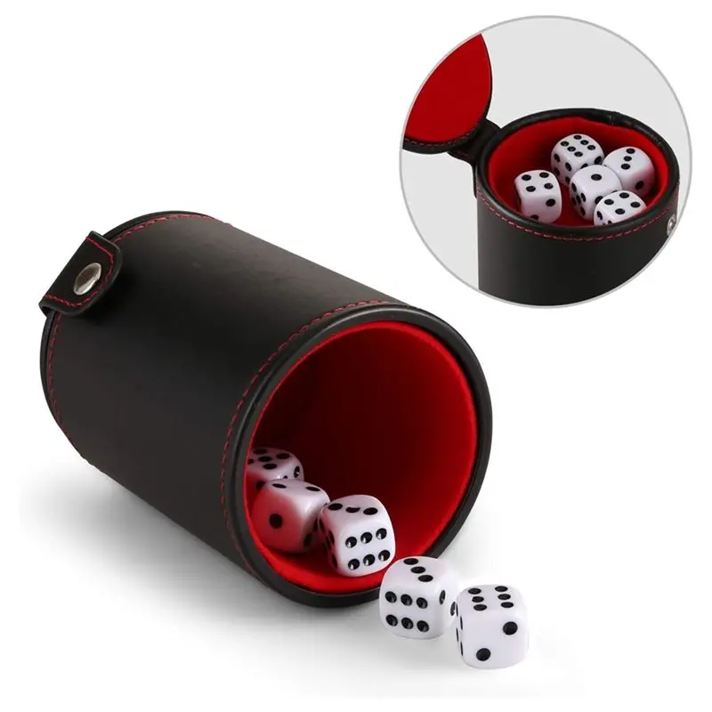 ABHS-Leather Dice Cup With Lid & Storage Compartment, Includes 5 Dice Quiet Felt Lined Interior, For Yahtzees Bar Party Etc