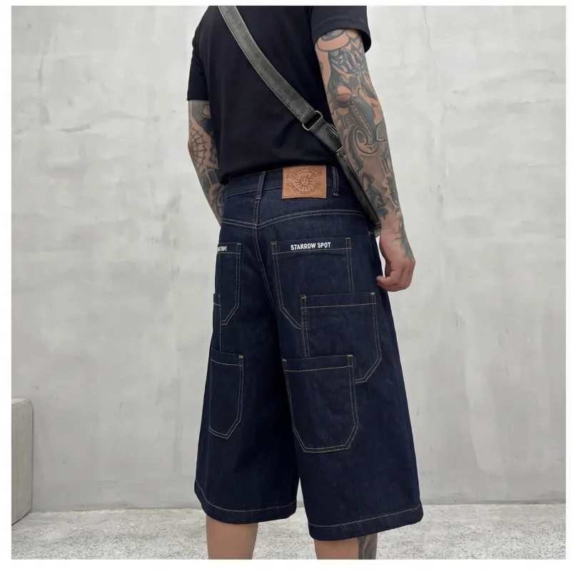 Streetwear Men's Denim Shorts Multi Pocket Contrast Stitch Dark Wash Baggy Fit Knee Length Pants Summer