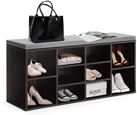 

Shoe Bench with Cushion, Bench 3-Tier Shoe Rack Bench 10 Cubbies Shoe Organizer Adjustable Shelves Room Entryway Hallway Bedroo