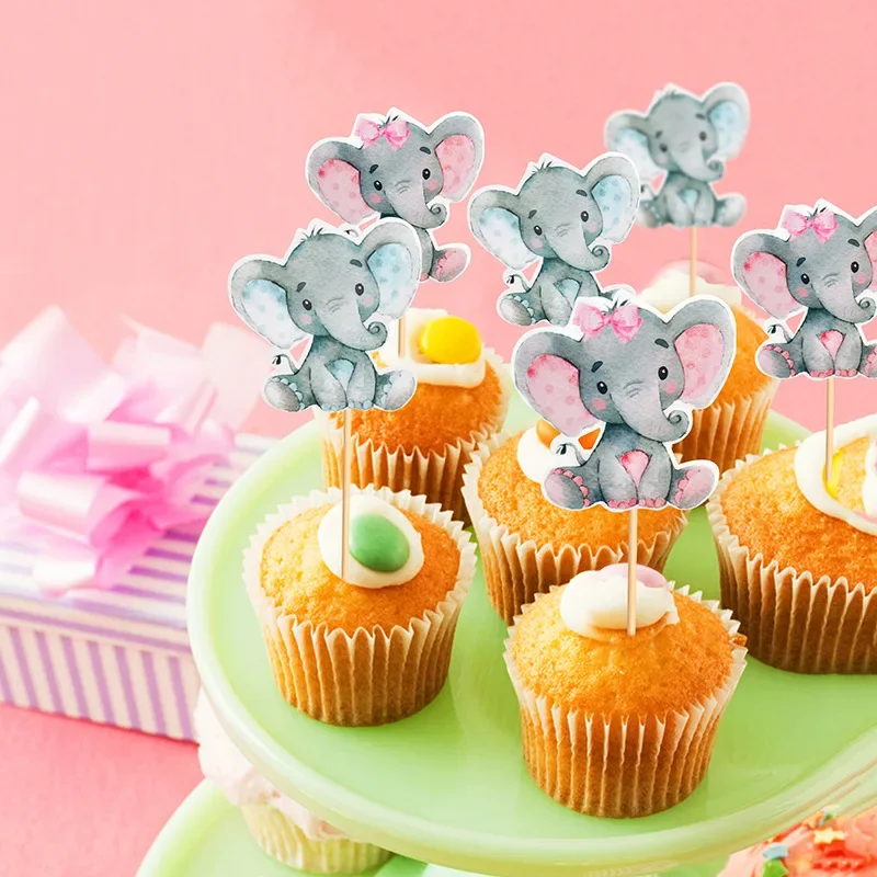 12Pcs Blue Pink Elephant Cupcake Topper Kids Birthday Party Cake Decoration Baby Shower Favors Gender Reveal Party Cake Supplies