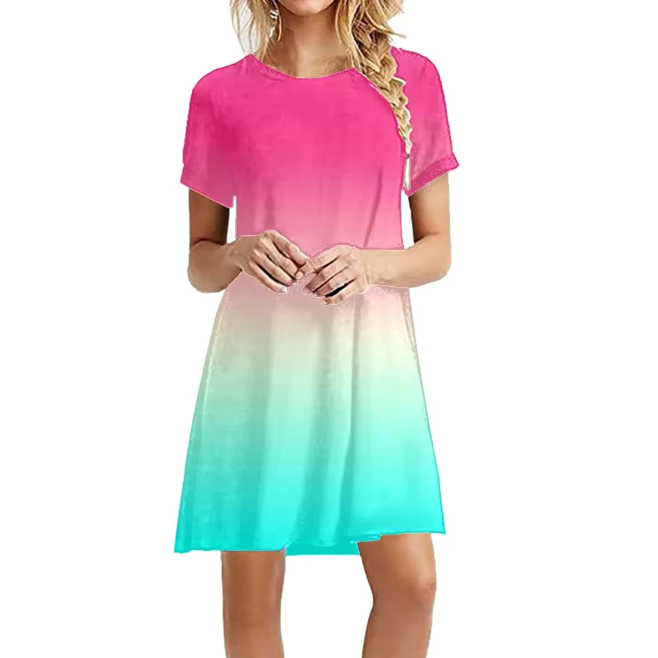 

Dresses For Women 2025 Casual Women Summer Casual Short Sleeve Round Neck Skirt Color Gradient Vestidos De Elegantes 2025