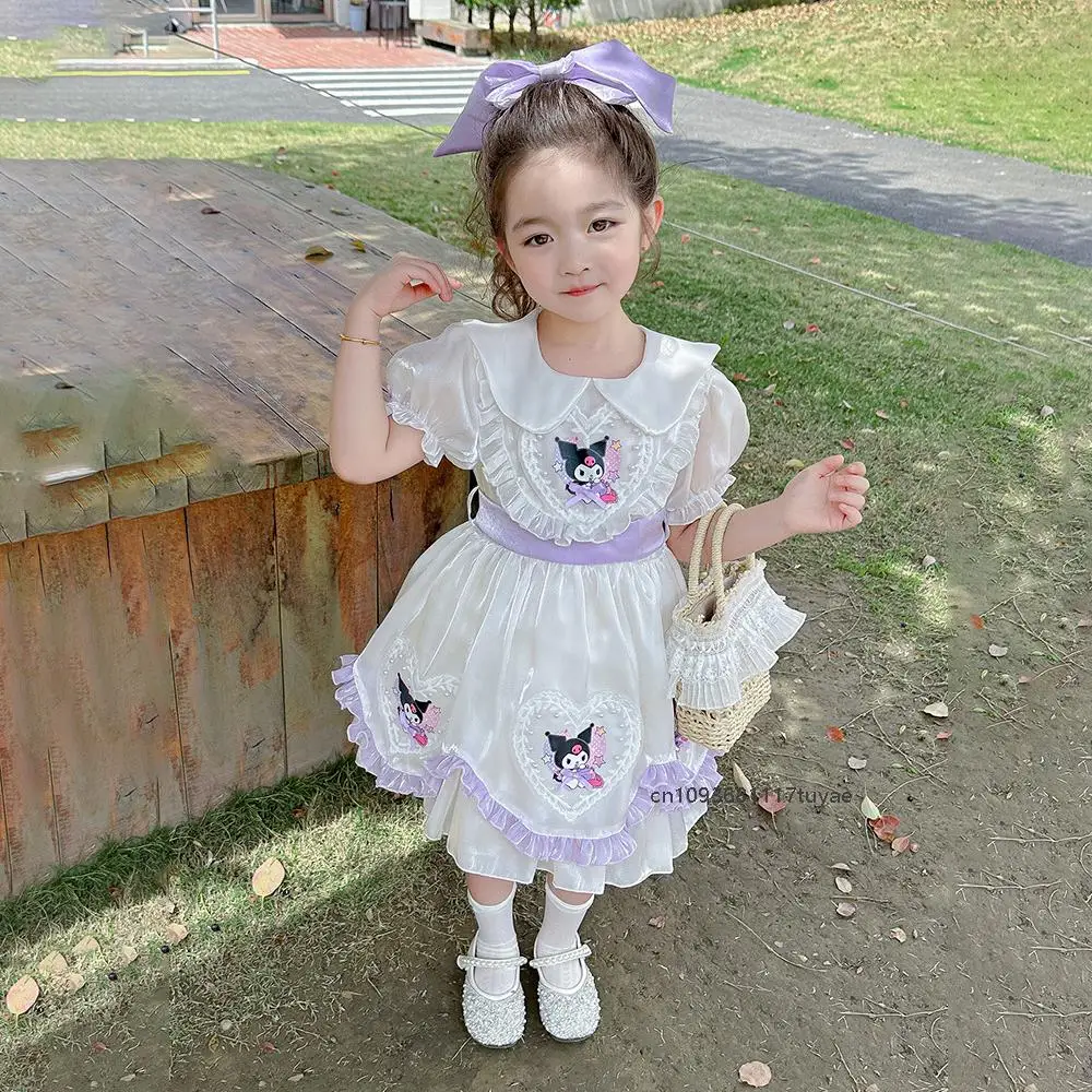 Summer New Kawaii Girls Lolita Dress Anime Kuromi Korean Style Kids Princess Sweet Skirts Short Sleeve Party Dress Birthday Gift