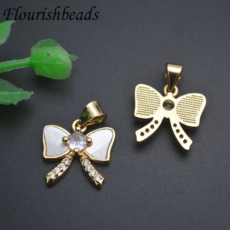 Jewelry Accessories Paved CZ Bead Cute Bow Tie Shape MOP Pendant Charm for Women Handmade DIY Necklace 10pcs/lot