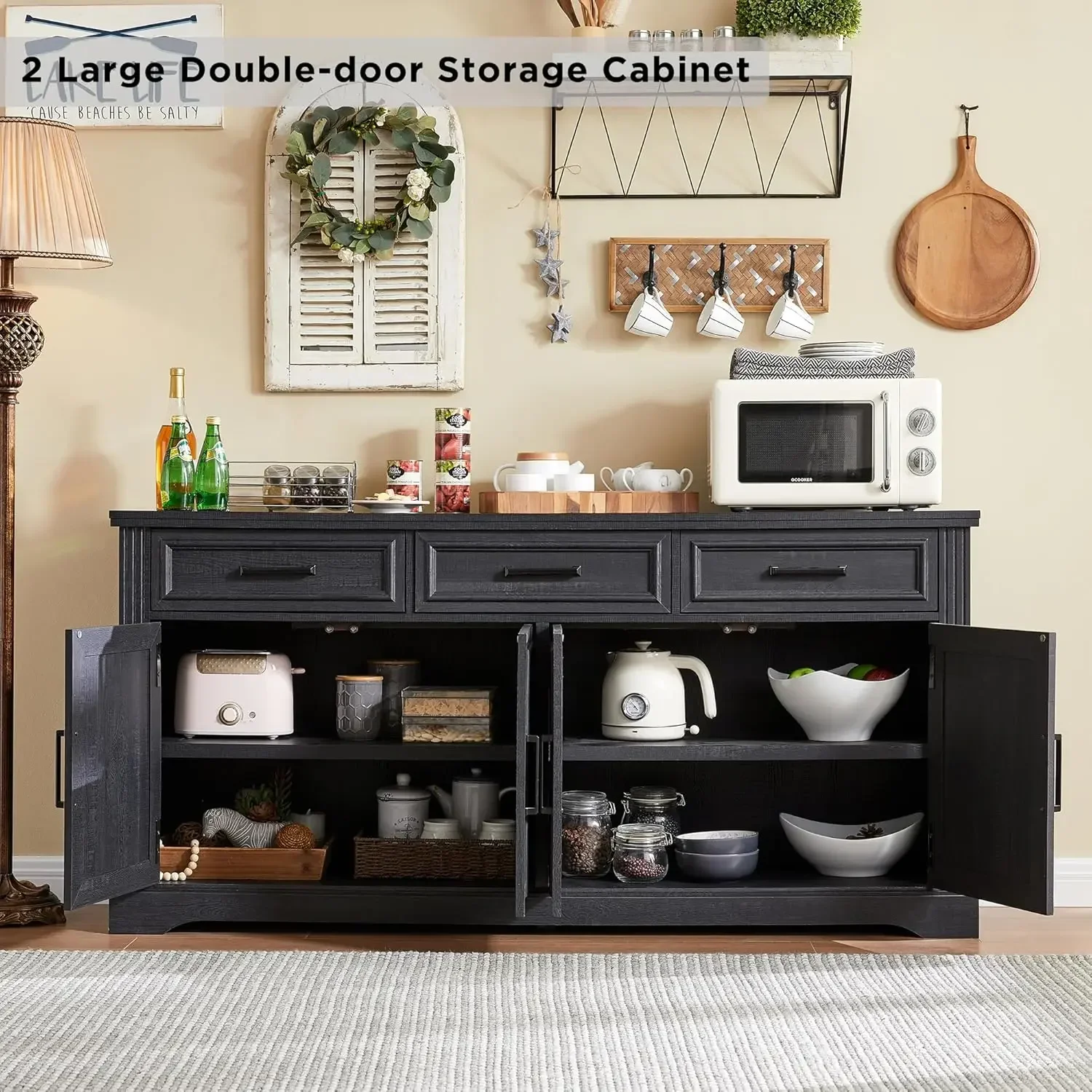 Cabinet with 4 Doors and 3 Drawers, Buffet Table Coffee Bar Wine Bar Storage Cabinet for Dining Room, Living Room, Black