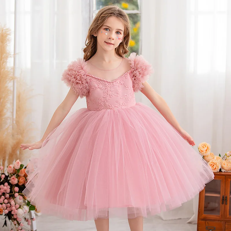 

children's birthday 3Y mesh pink girls party dresses model catwalk piano performance 4 years princess dress white