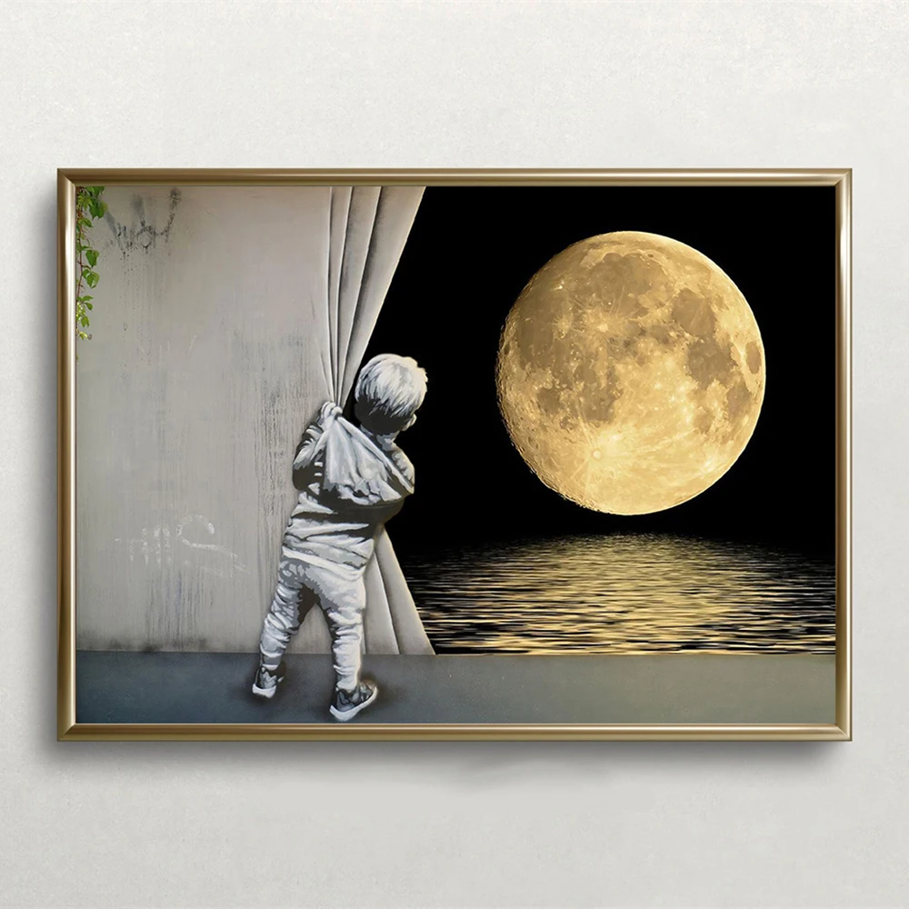 Banksy Behind the Curtain Canvas Decor Banksy Boy Canvas Art Prints Banksy Full Moon Graffiti Wall Art Canvas Painting Poster