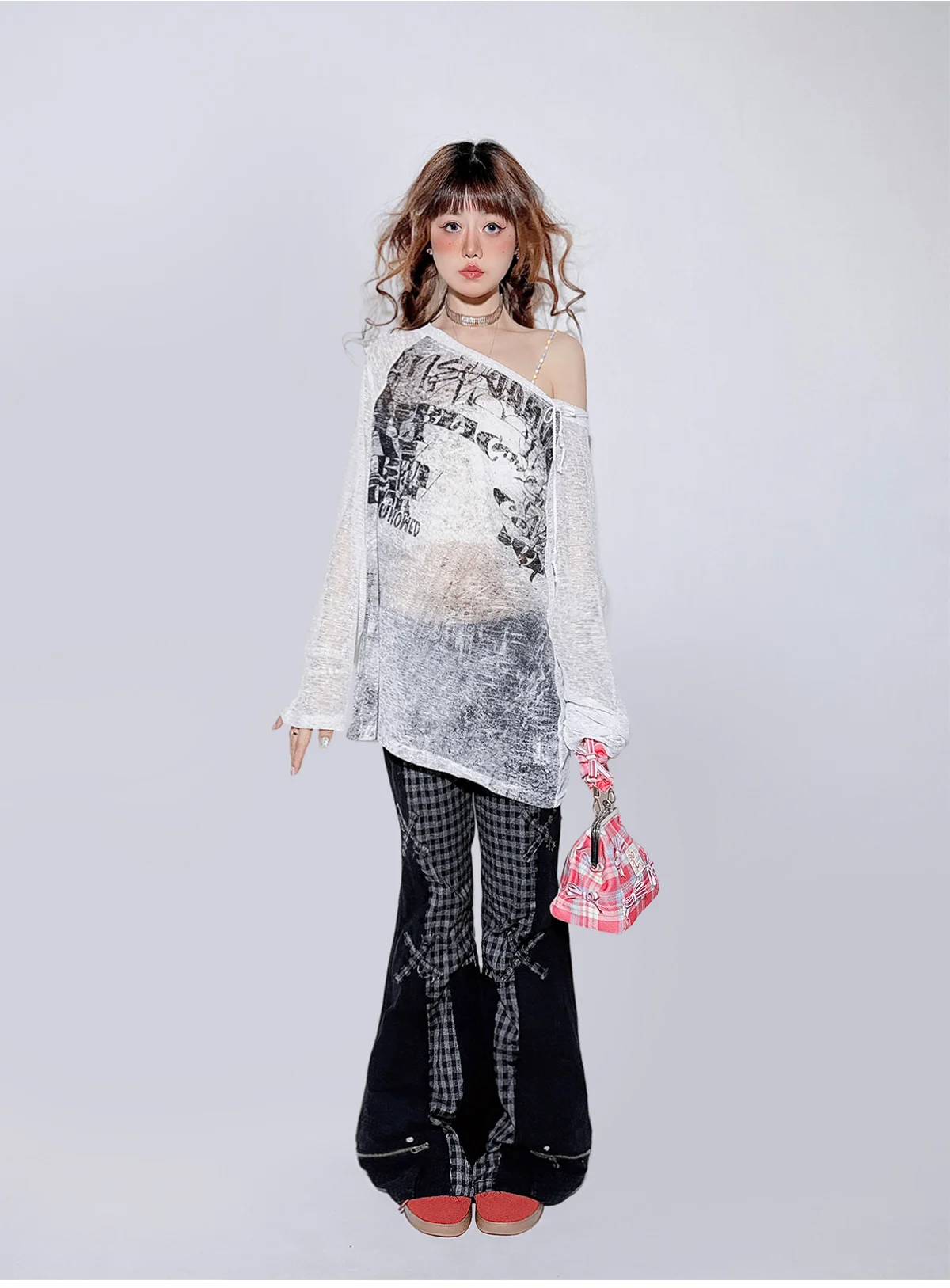 مايكرو سحب السراويل التوابل فتاة عالية الخصر سراويل جينز سليم صالح وزرة مائل الكتف بلوزة طويلة الأكمام رقيقة تي شيرت