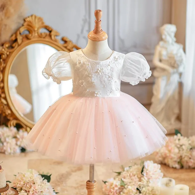 Children's Princess Ball Gown Host Performance Wedding Birthday Baptism Party Pink Flower Girls Dresses A3901 Bridesmaid Dresses