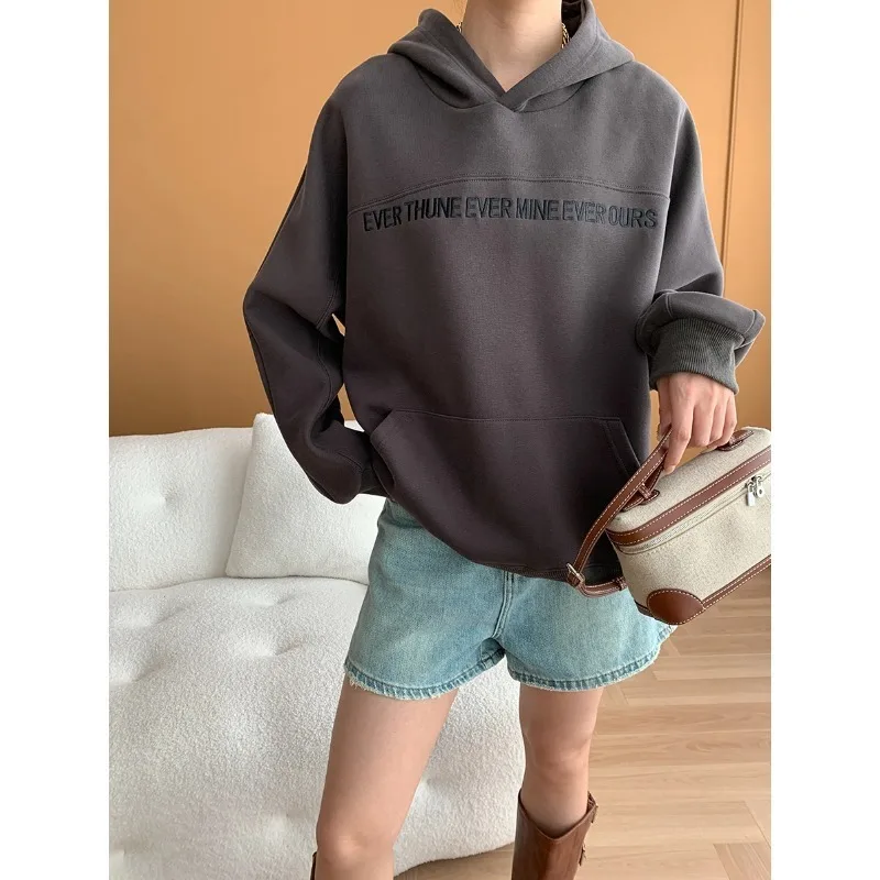 Contrasting Letter Embroidery Hooded Sweatshirt 2024 Autumn Oversized Hoodies