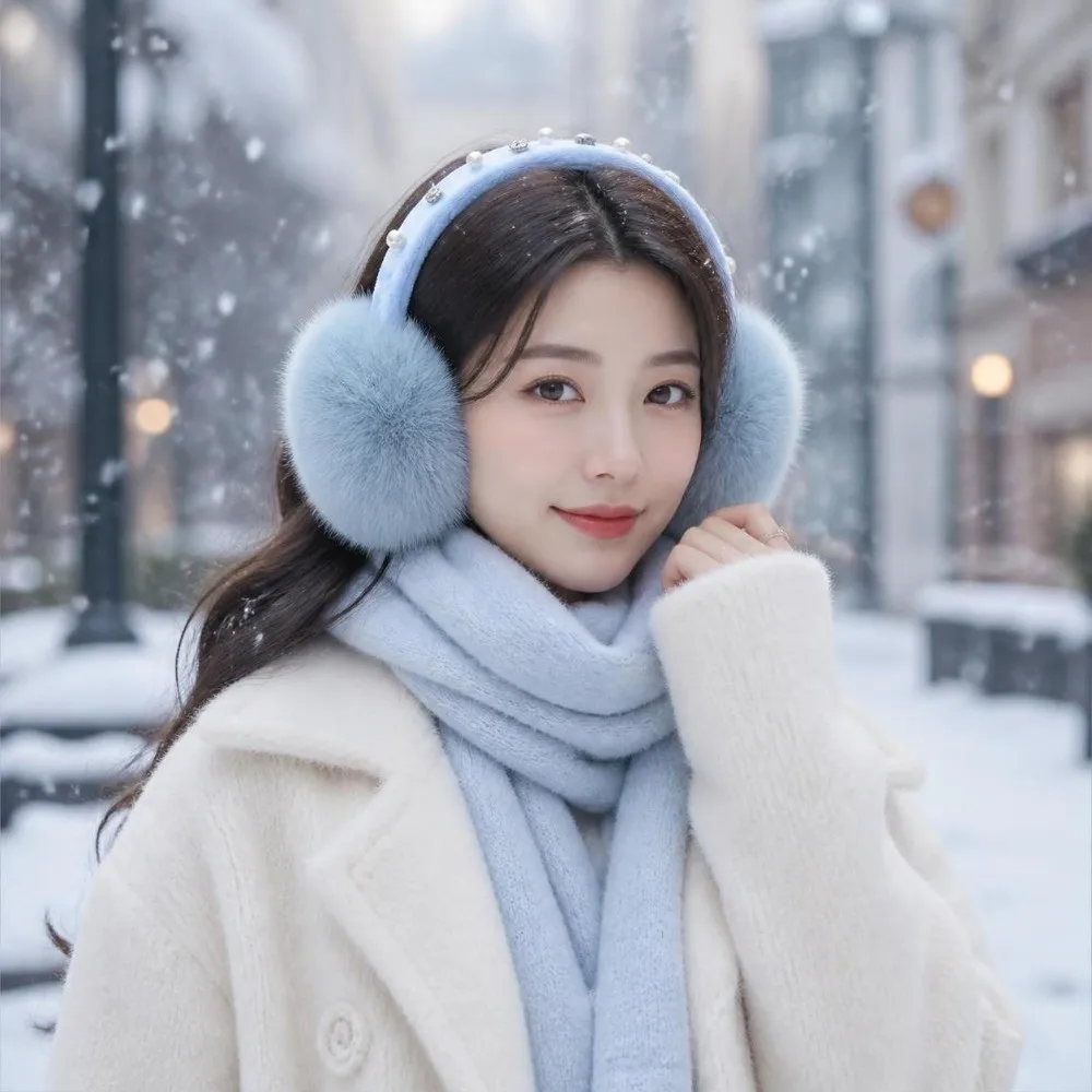Fashion Pearl Rhinestone Decor Faux Fur Earmuffs Fluffy Winter Ear Warmers Cold‑proof Soft Soft Fluffy Earmuffs Women
