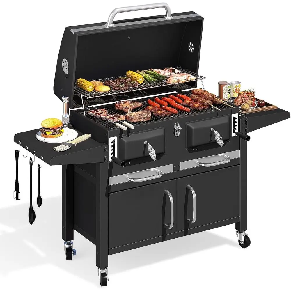 

Spacious 620 Sq. In. Charcoal Grill with Storage, Adjustable Sides, and Thermometer for Outdoor Cooking