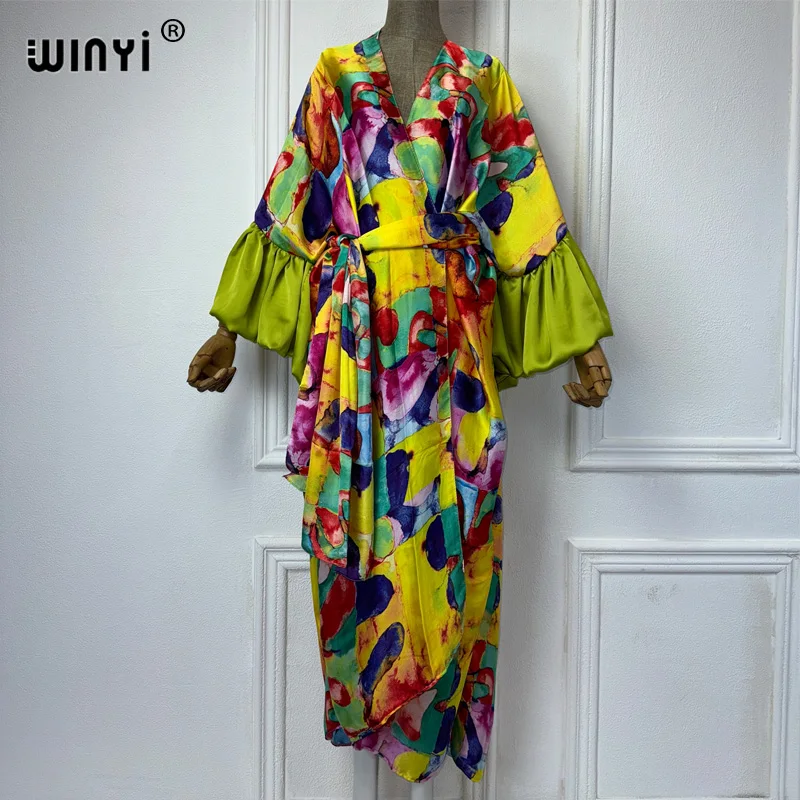 WINYI print Self Belted dress Women holiday Bubble sleeve cardigan beach Wear African Lady Swimwear Kimonos abaya dubai luxury