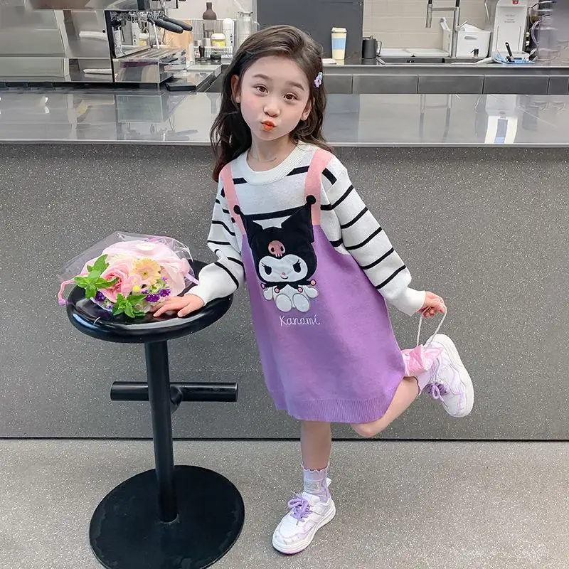 فستان أطفال من Sanrio Kuromi منسوج مزيف من قطعتين للربيع والخريف نمط جديد للأطفال سترة برسوم كارتونية على طراز الأميرة للأطفال