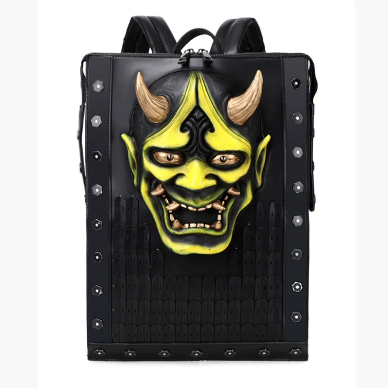2026 Vintage 3D stereoscopic personalized backpack for men and women, ghost head pu leather riveted ghost face mask computer bag