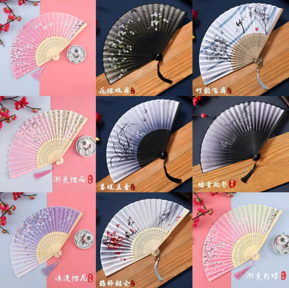 Vintage Silk Bamboo Folding Fan, Chinese Japanese Style Sakura Pattern Hand Fan with Tassel for Women Gift Dance Decor