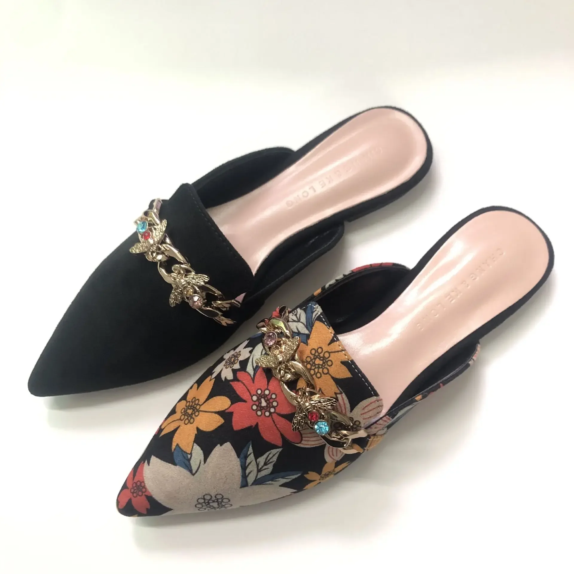 2023 New Arrivals Print Flowers Shoes For Women Flock Meatal Chain Slipper Pointy Toe Flat Slides Fashion Designer EU45-34 22cm