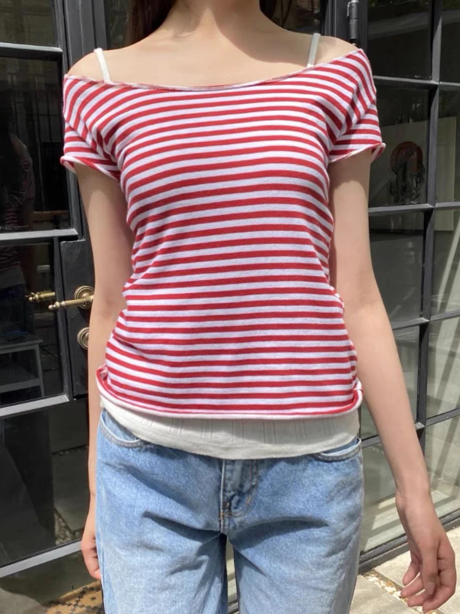 

Red Striped Cotton Slim T-shirt Women Slash Neck Raw Hem Short Sleeve Tee Shirts Summer New Sweet Vintage Casual T-shirt Tops