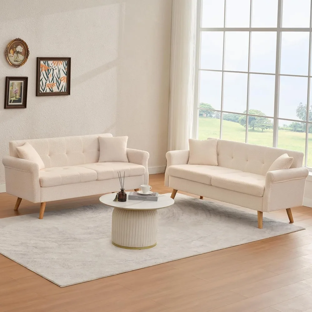 Loveseat Sofa, White Love Seat Couches with Throw Pillow, Boucle Small Sofa for Living Room, Bedroom, Office