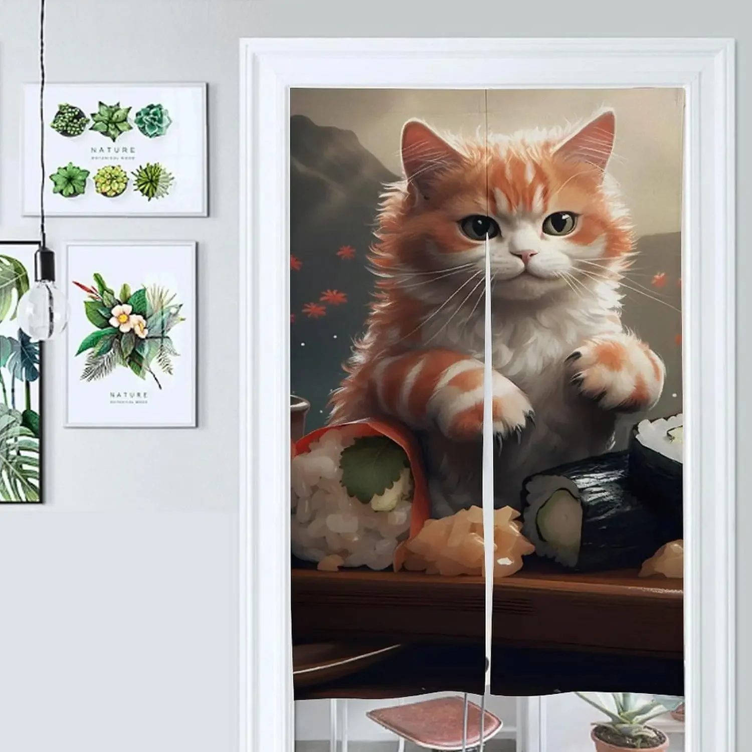 Japanese Lucky Cat & Sushi Door Curtain, Orange Tabby Cat With Sushi & Cherry Blossom Print, Cute Japanese Restaurant Decor Room