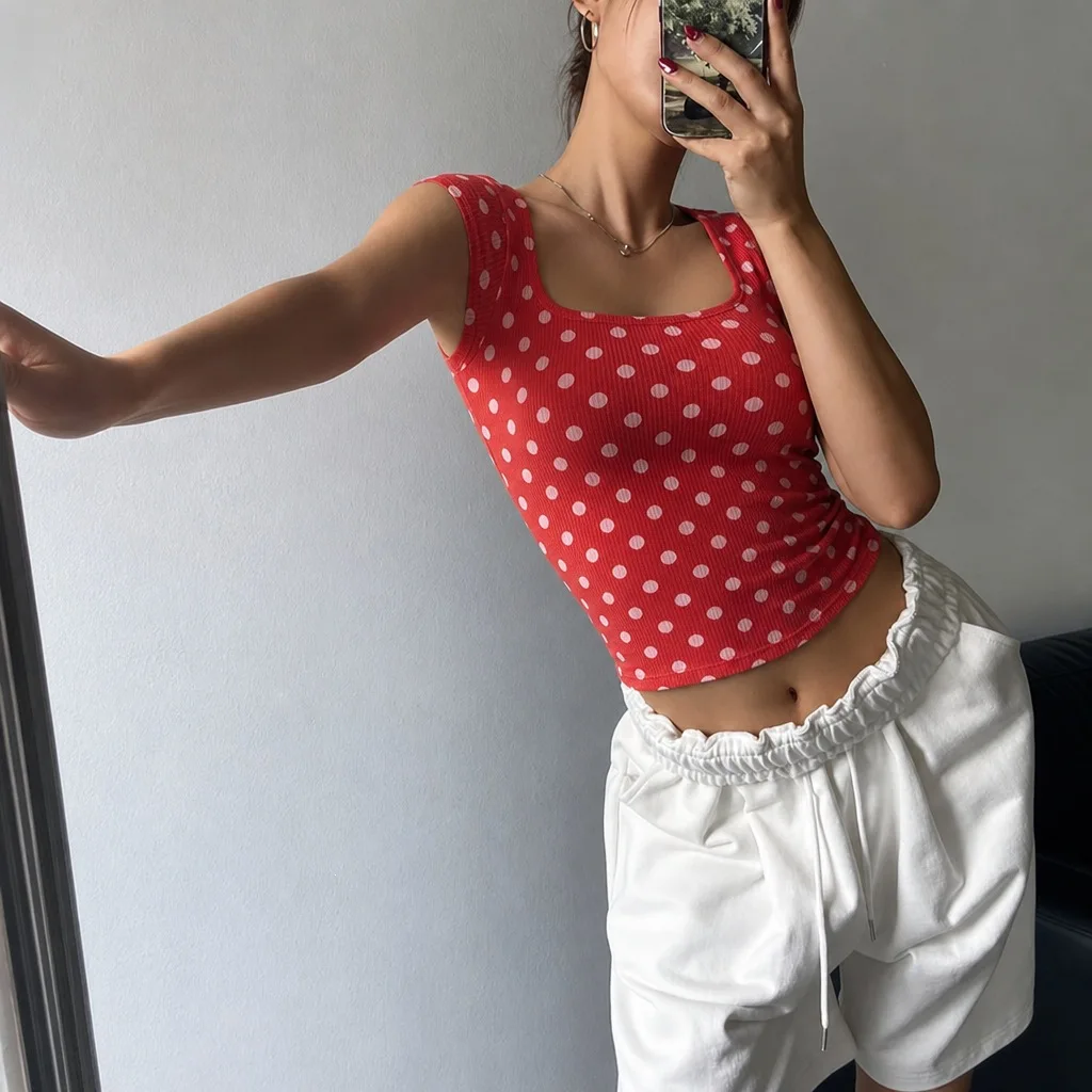 Женский топ YAMINIYA Spice Girl с леопардовым принтом, в горошек, в стиле ретро, с квадратным вырезом, в рубчик, облегающий, с коротким рукавом, сексуальный, эластичный, хлопковый