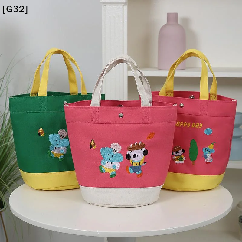 Cartoon Embroidery Pattrn Canvas Tote Bag Cute Bucket BagPortable Lunch Bag Daily Commuting Bag【G32】