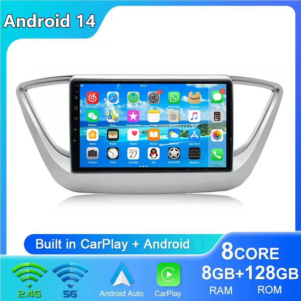 

9-дюймовый автомобильный радиоприемник Android 14 для Hyundai Solaris Accent 2017-2019 2020, мультимедийный стереофонический плеер Carplay, навигация BT Split